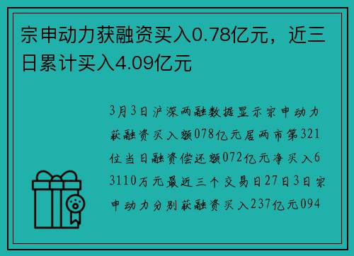 宗申动力获融资买入0.78亿元，近三日累计买入4.09亿元