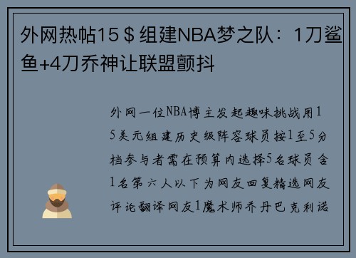 外网热帖15＄组建NBA梦之队：1刀鲨鱼+4刀乔神让联盟颤抖
